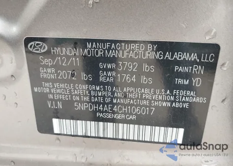 2012 Hyundai Elantra Limited z USA, uszkodzony, nr VIN 5NPDH4AE4CH106017